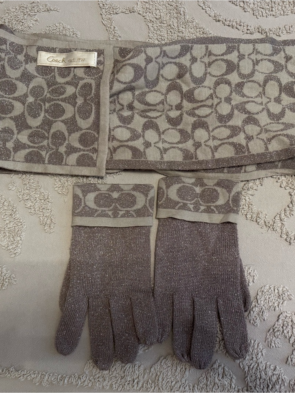 Coach Taupe Metallic Signature Gloves & Scarf Set